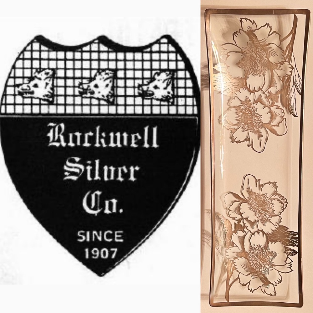 Vintage MCM Rockwell Sterling Silver Overlay Rectangle Peony Flower Glass
Tray